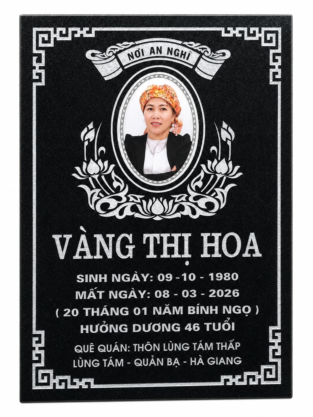 Bia mộ có ảnh, viền góc vuông và hoa sen — ảnh tham khảo trong bộ mẫu Trần Lưu